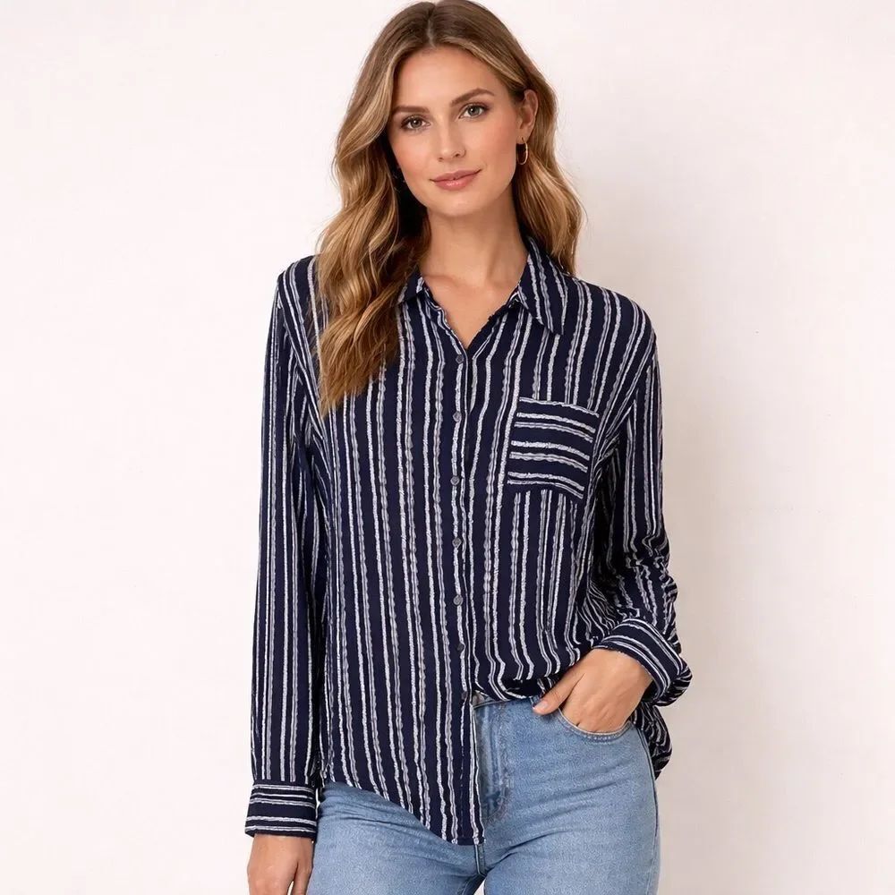 Westport Navy and White Vertical Stripe Button-Down lightweight Shirt size 1X